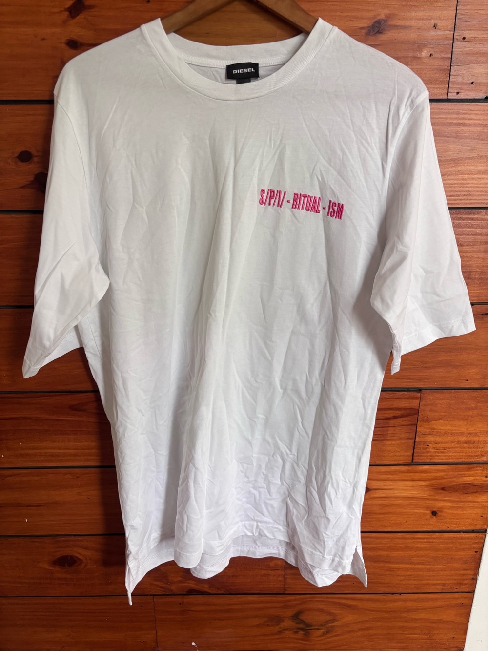 New Diesel White Crewneck T‑Shirt with Pink Logo Large